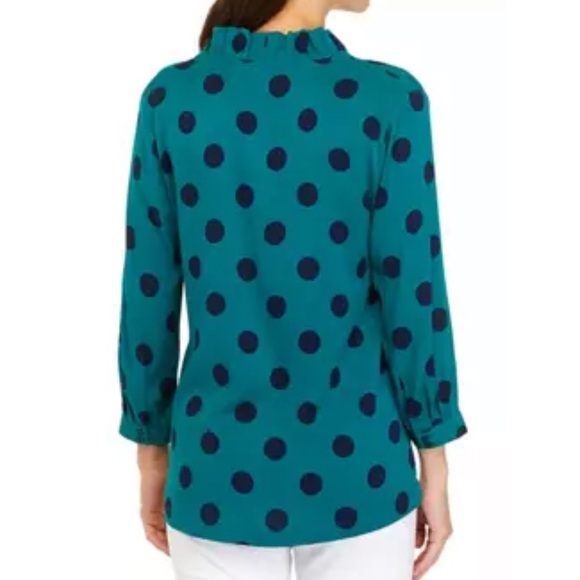 Crown & Ivy Emerald Green Dotted 3/4 Sleeve Ruffle Neck Printed Top Size Small - Picture 2 of 8